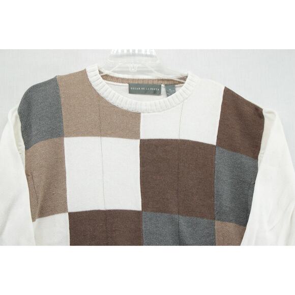 Oscar De La Renta Sweater Men's XL Beige Gray Brown Patchwork Check Preppy - Picture 2 of 7